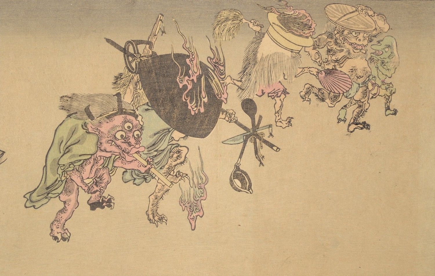 Vintage illustration of a pink demon playing a flute next to a bubbling pot with floating cooking utensils and ghostly figures.