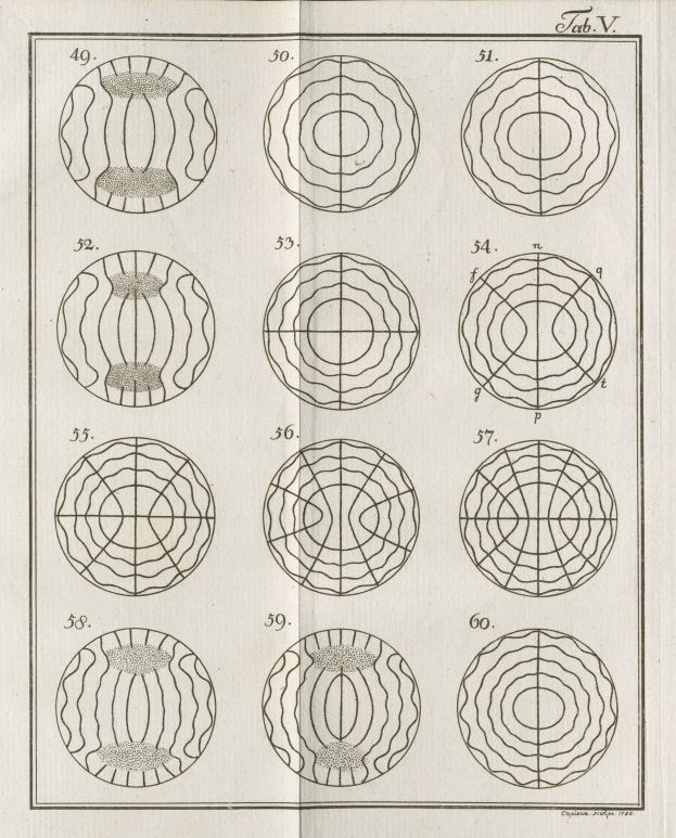 Vintage scientific illustration of 12 circular diagrams with unique patterns of lines and shapes.