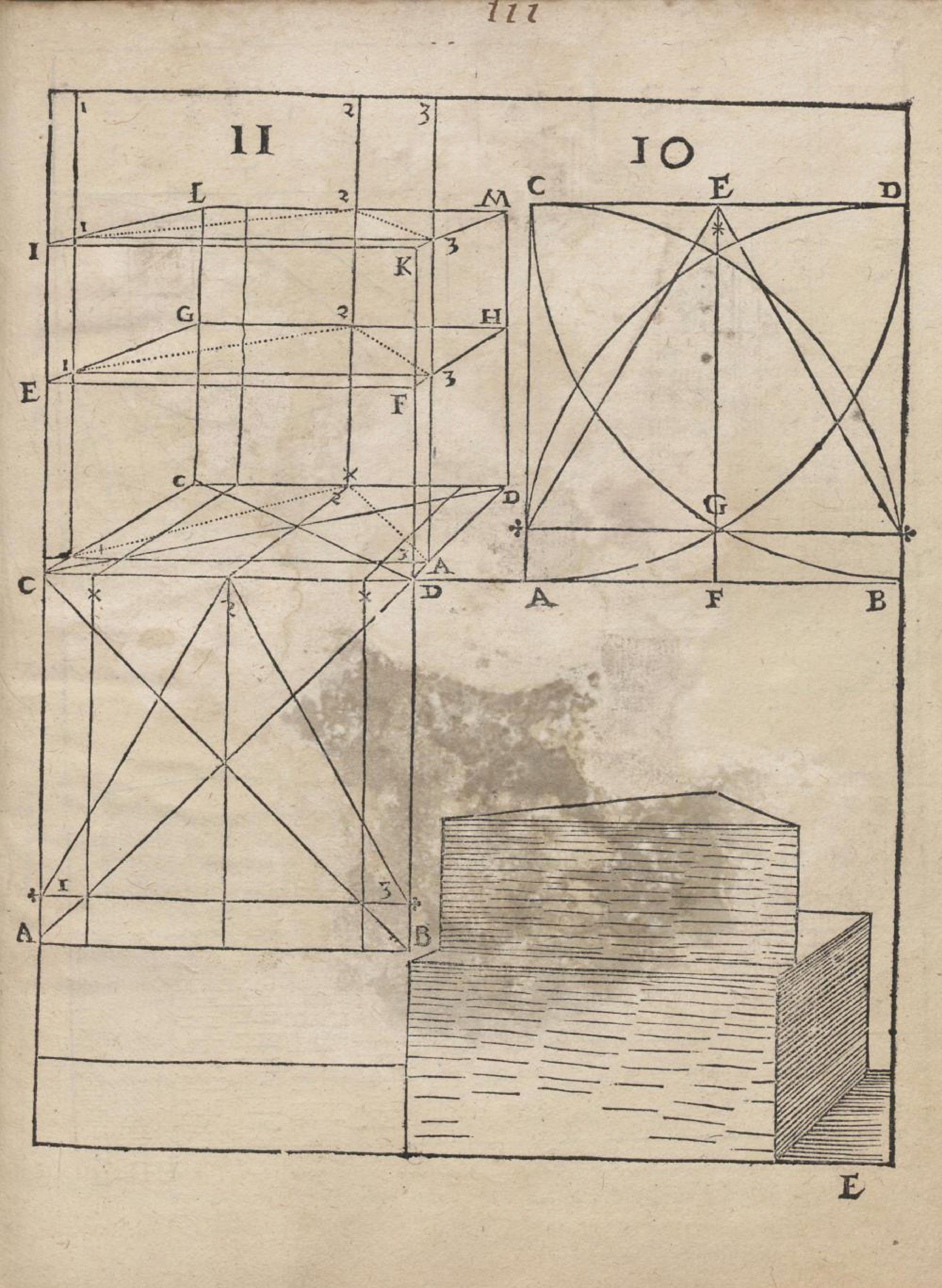 A page from an old book with a complex geometric diagram and a rudimentary perspective drawing of a building.