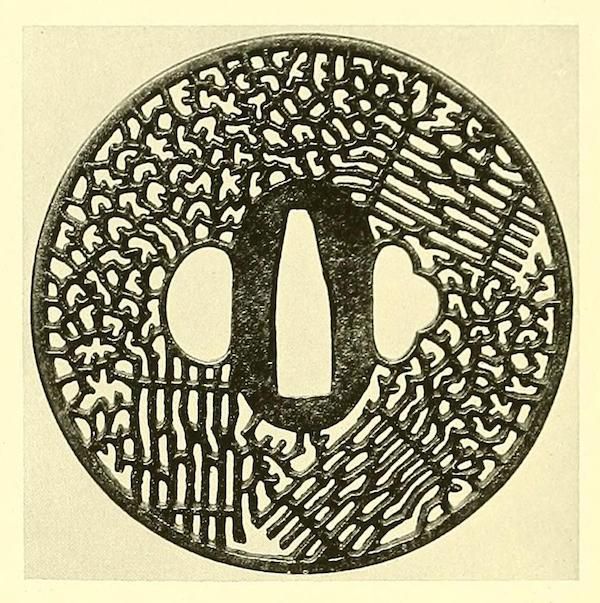 A detailed black and white sketch of a Japanese tsuba, a sword guard, with intricate openwork designs of trees, waves, and other natural elements.