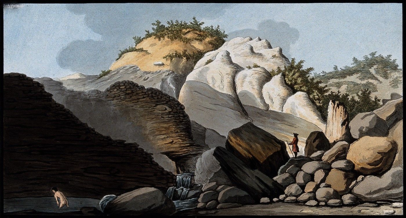 A landscape painting of a rocky gorge with a waterfall and two tiny figures.