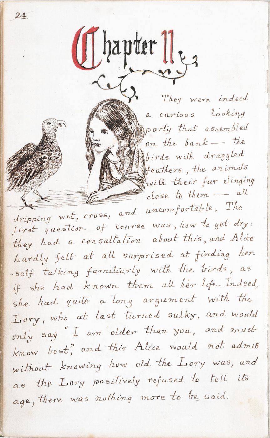 A vintage book page with a black and white illustration of Alice surrounded by wet birds, including a dodo and a lory, with printed text describing the scene.