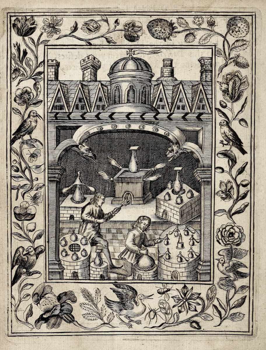 A detailed black and white woodcut illustration depicting a fantastical architectural structure with two men engaged in alchemical activity, surrounded by a floral border with birds.