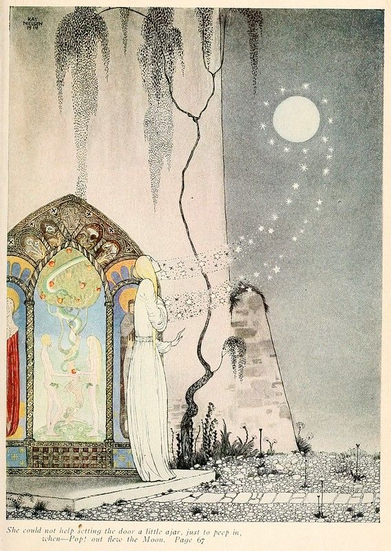 A vintage illustration of a person standing near an ornate window under a bright moonlit sky.