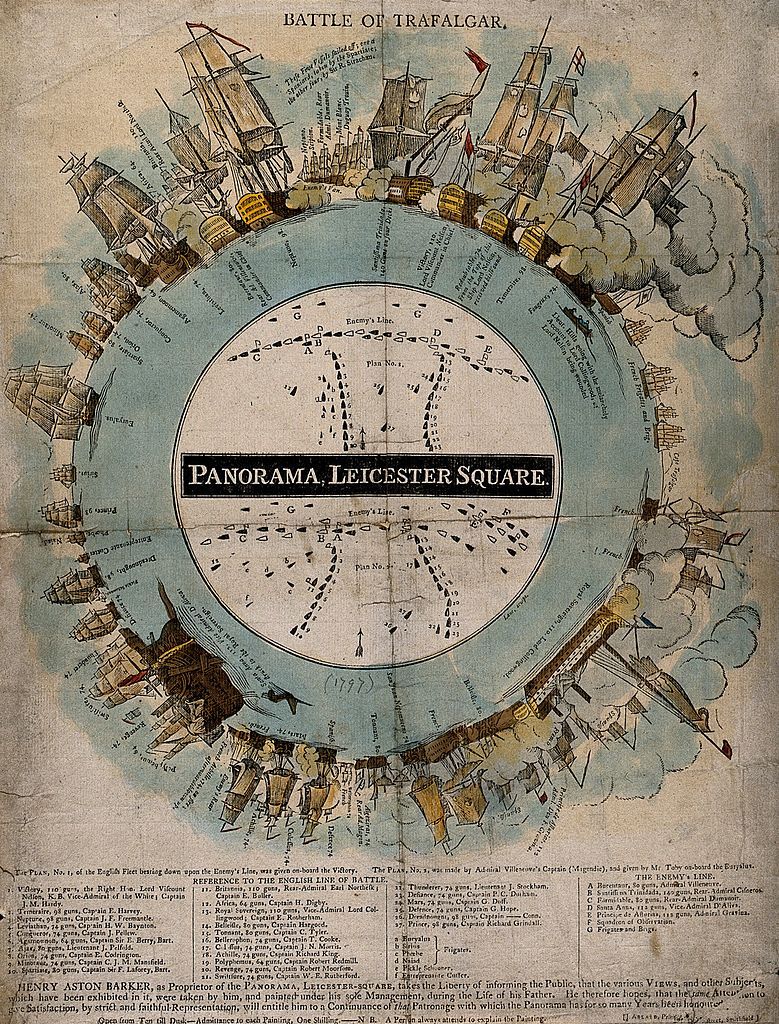 Vintage engraving of the Battle of Trafalgar, a circular panorama with ships engaged in naval combat, detailed with masts, sails, cannons, and flags, with text listing ship names and captains.