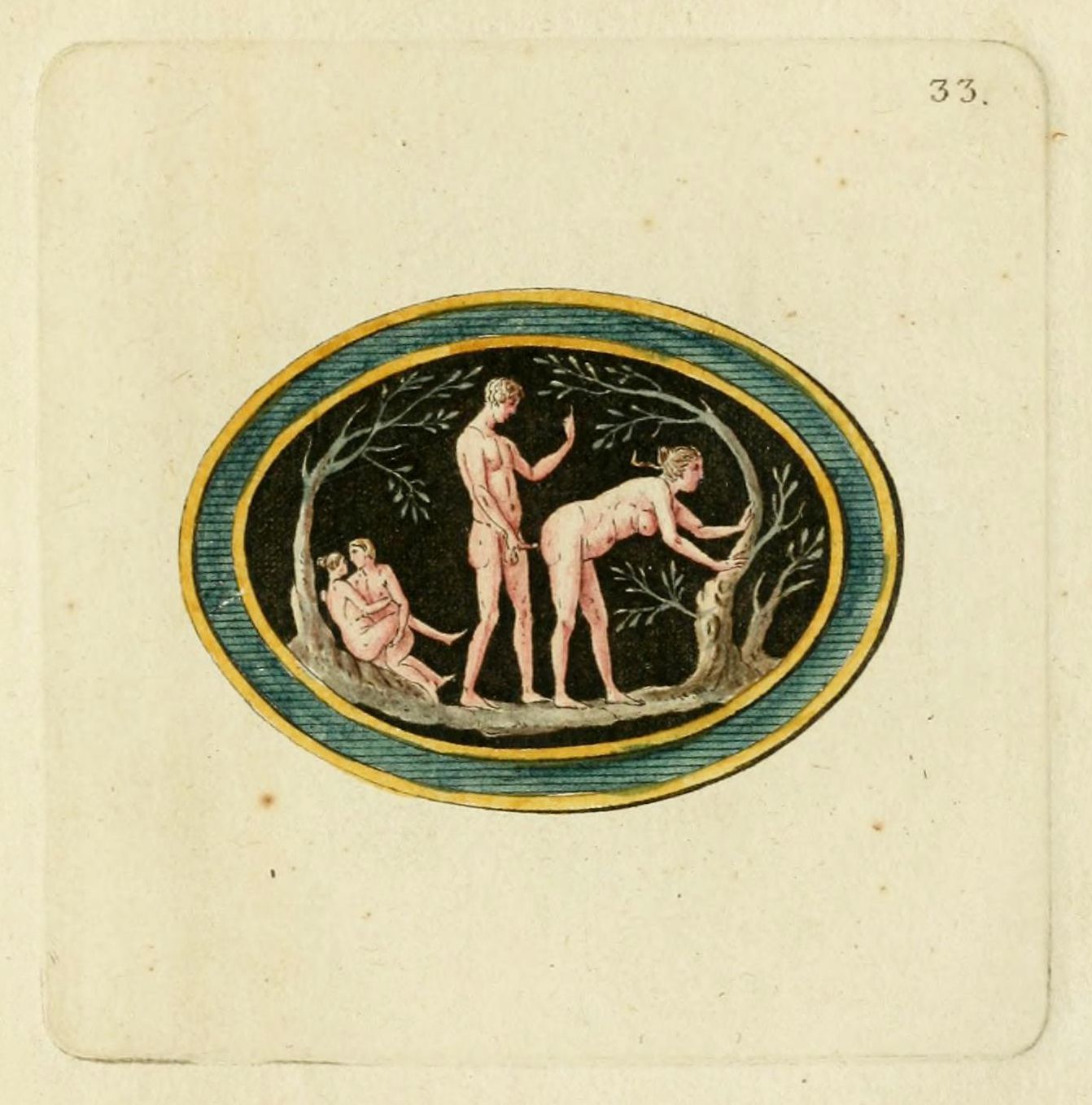 A painting of an oval-shaped artwork depicting a classical scene with three nude figures and a tree.