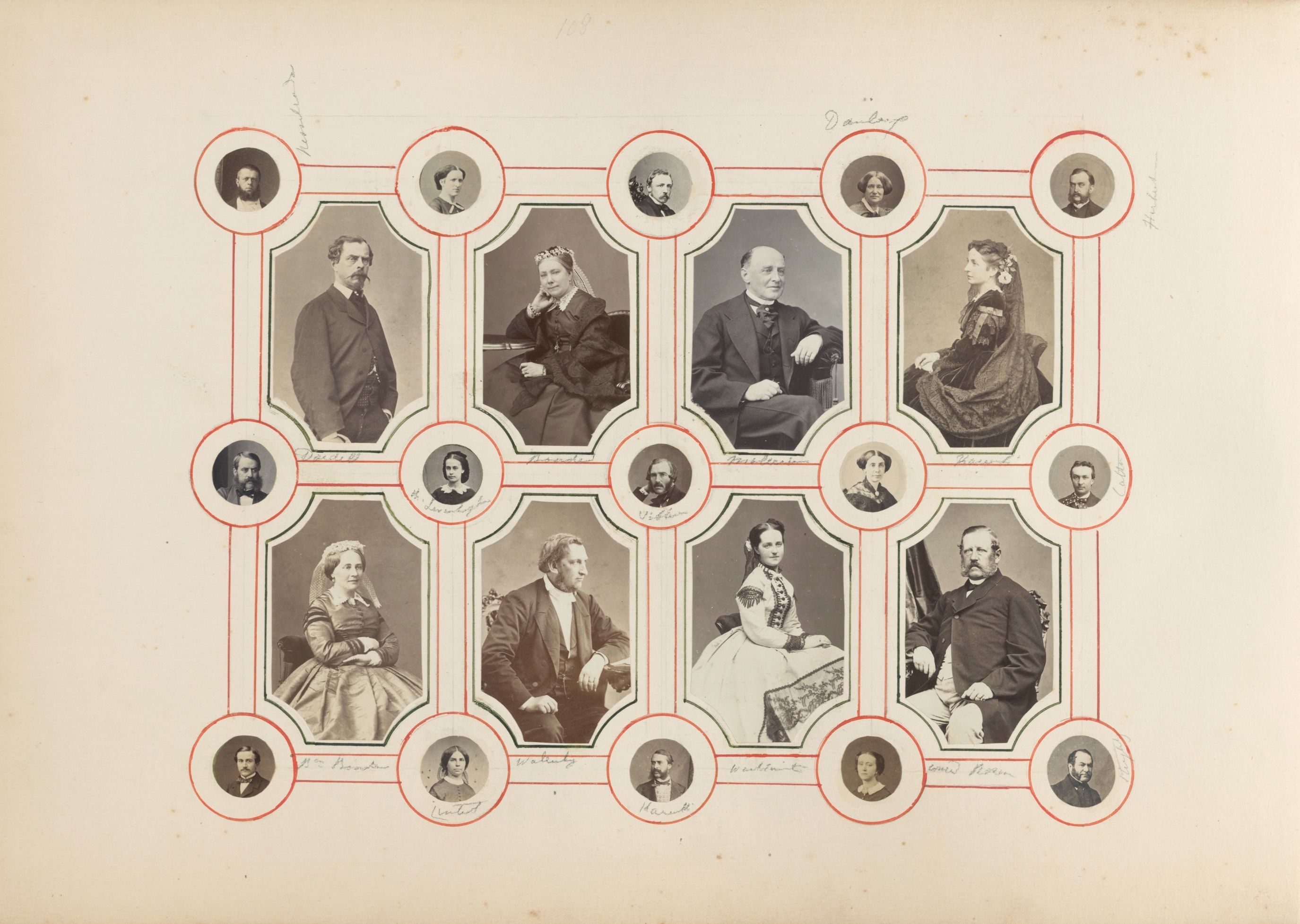 A vintage photograph featuring a grid of oval portraits connected by thin red lines. The portraits depict a group of individuals, both men and women, from what appears to be the 19th century.