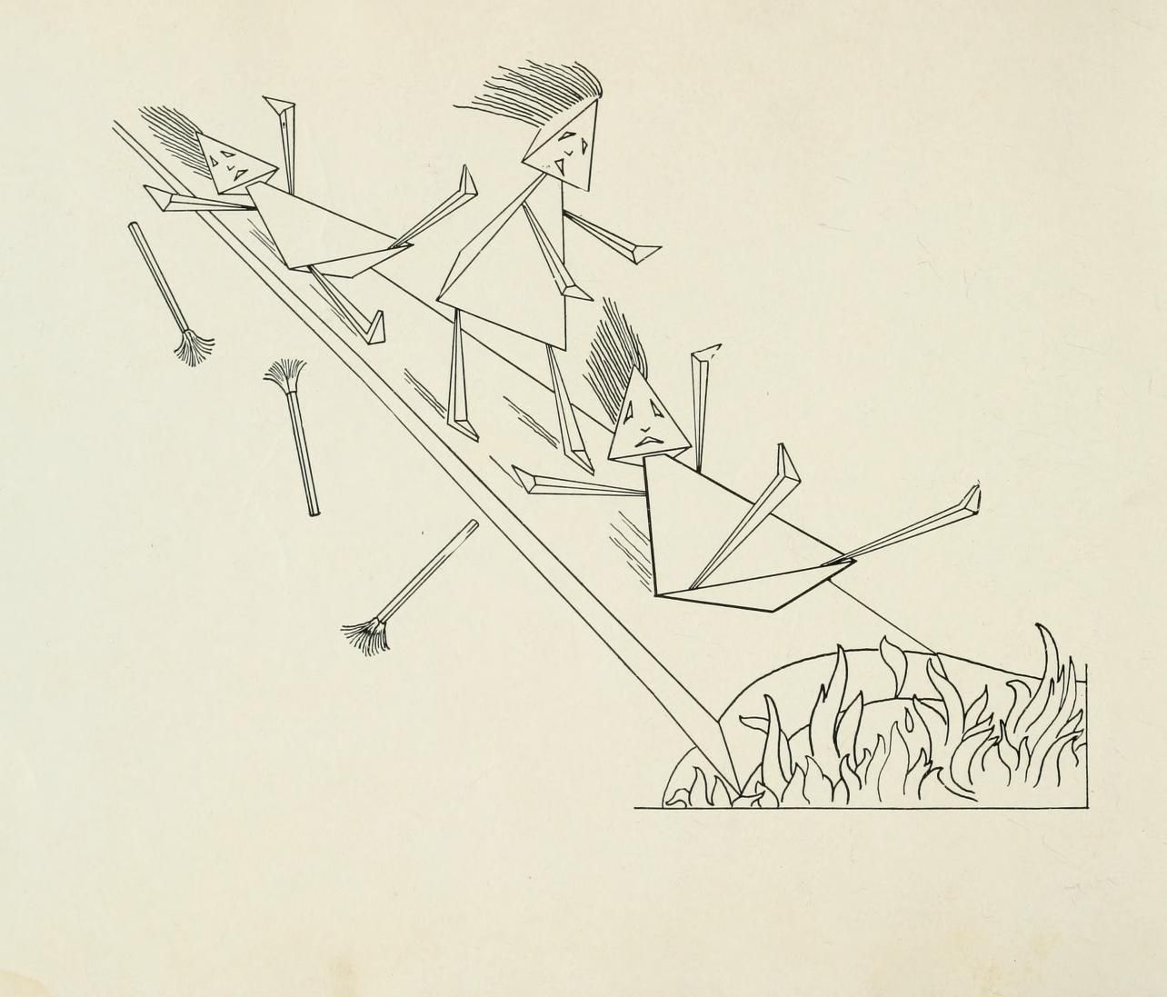 A line drawing of several angular figures tumbling down a steep slope, with sticks scattered around them and a patch of grass at the bottom.
