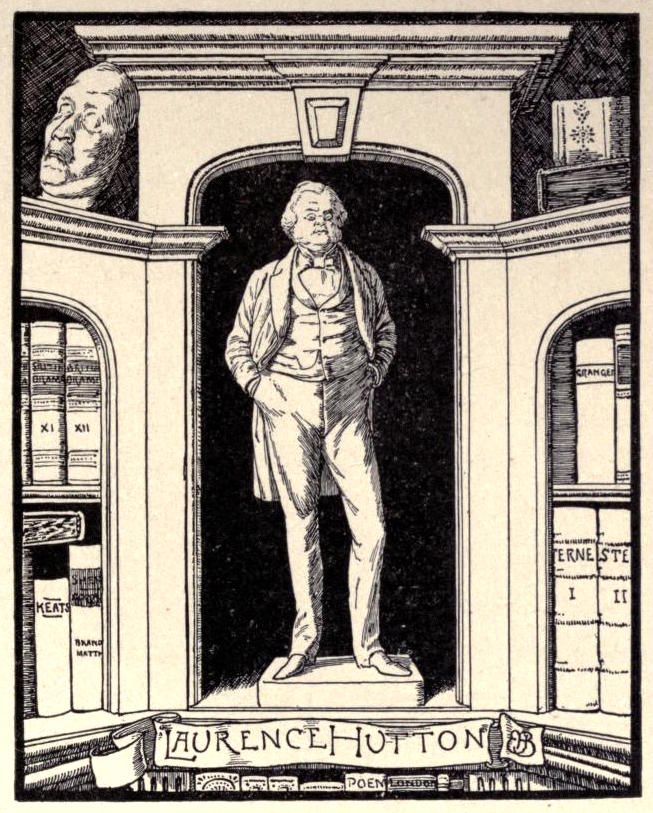 A black and white illustration of a statue of a man in an arched alcove, surrounded by books. The statue is of a man in early 19th-century attire, with the name 'Laurence Hutton' inscribed on a scroll below the base.