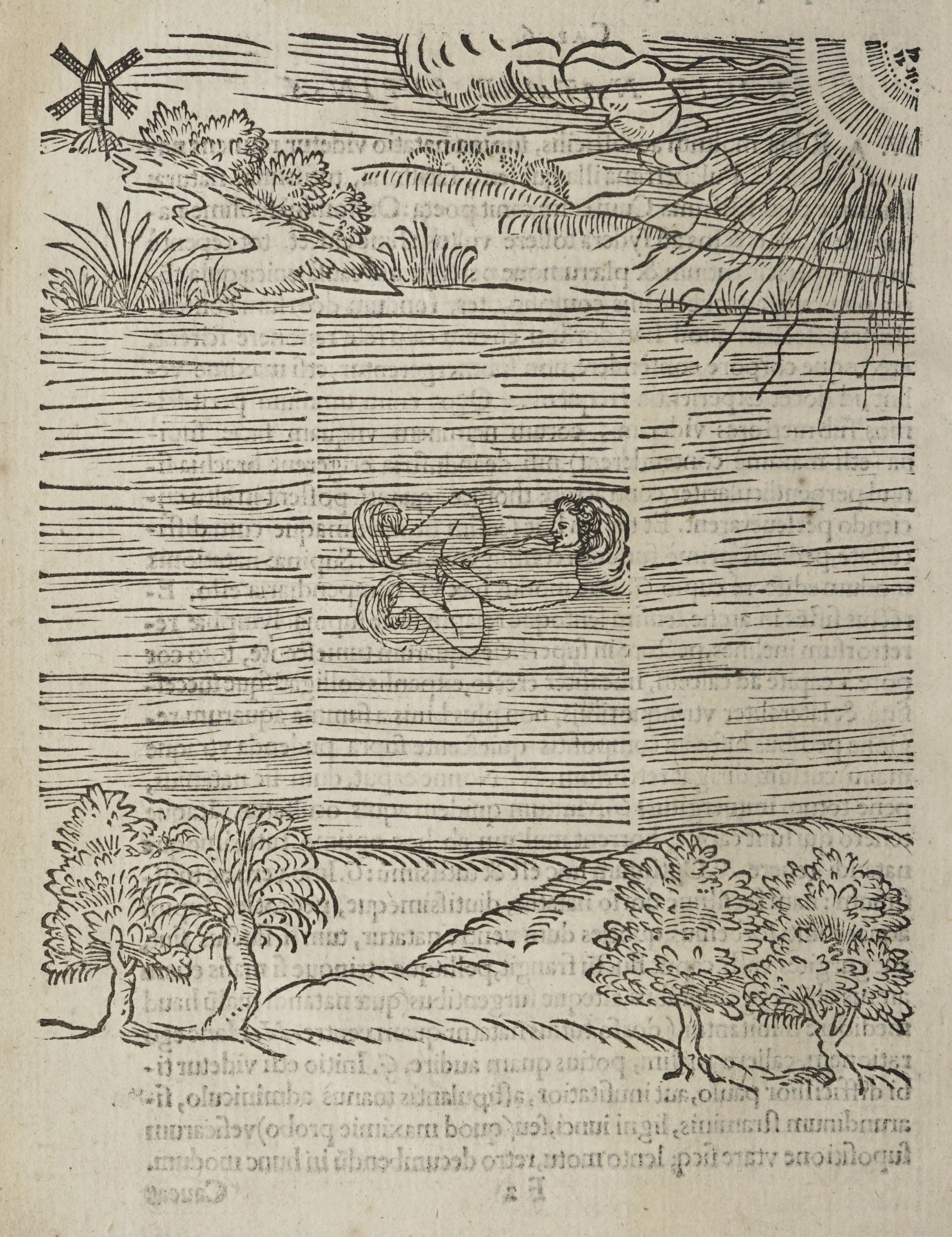 A black and white woodcut illustration of a man being carried by a butterfly in a landscape with a windmill and trees.