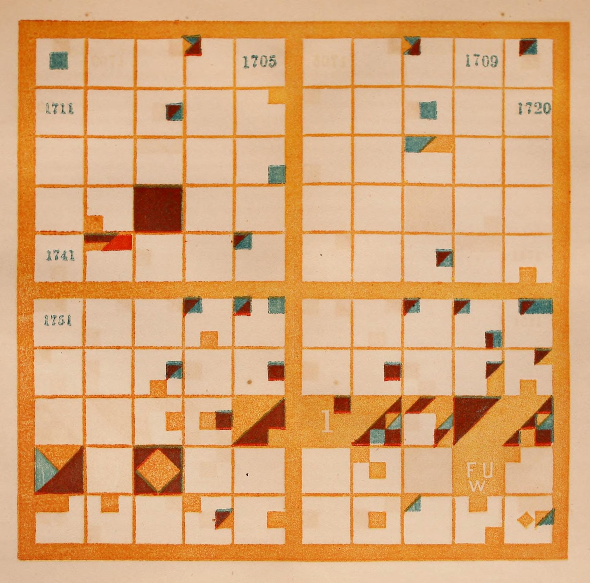 A grid filled with colored squares and numbers.