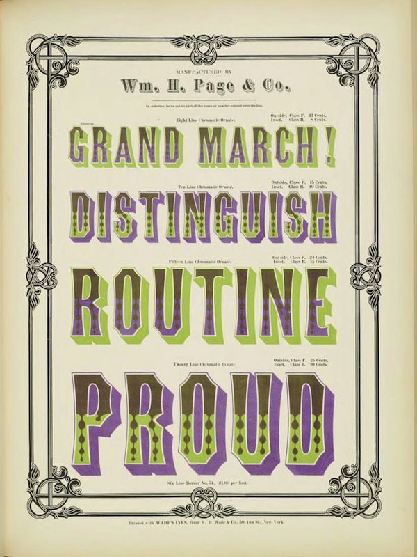 A vintage lithographic print with bold, colorful lettering spelling out "GRAND MARCH!", "DISTINGUISH", "ROUTINE", and "PROUD". The print is framed by an intricate black border and includes text indicating the lithographic process and cost.