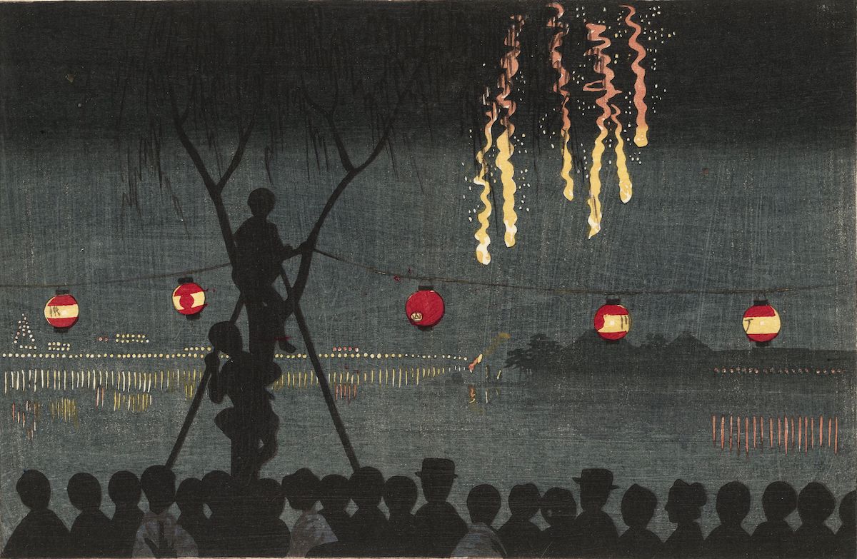 Vintage Japanese woodblock print of a nighttime festival with fireworks, lanterns, and a crowd of people.