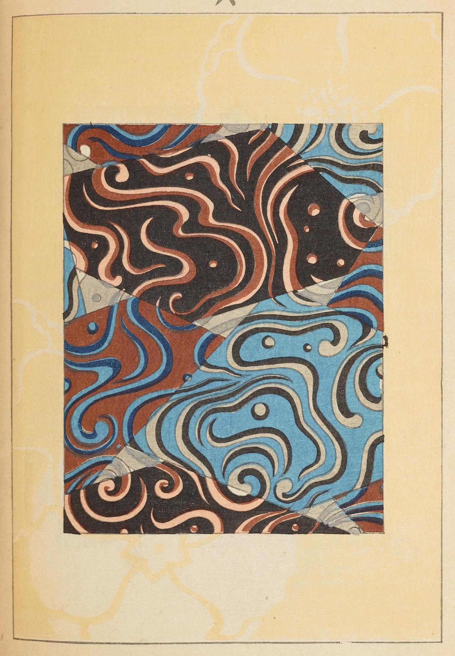 A rectangular pattern of swirling reddish-brown, light blue, and black colors against a pale yellow background.