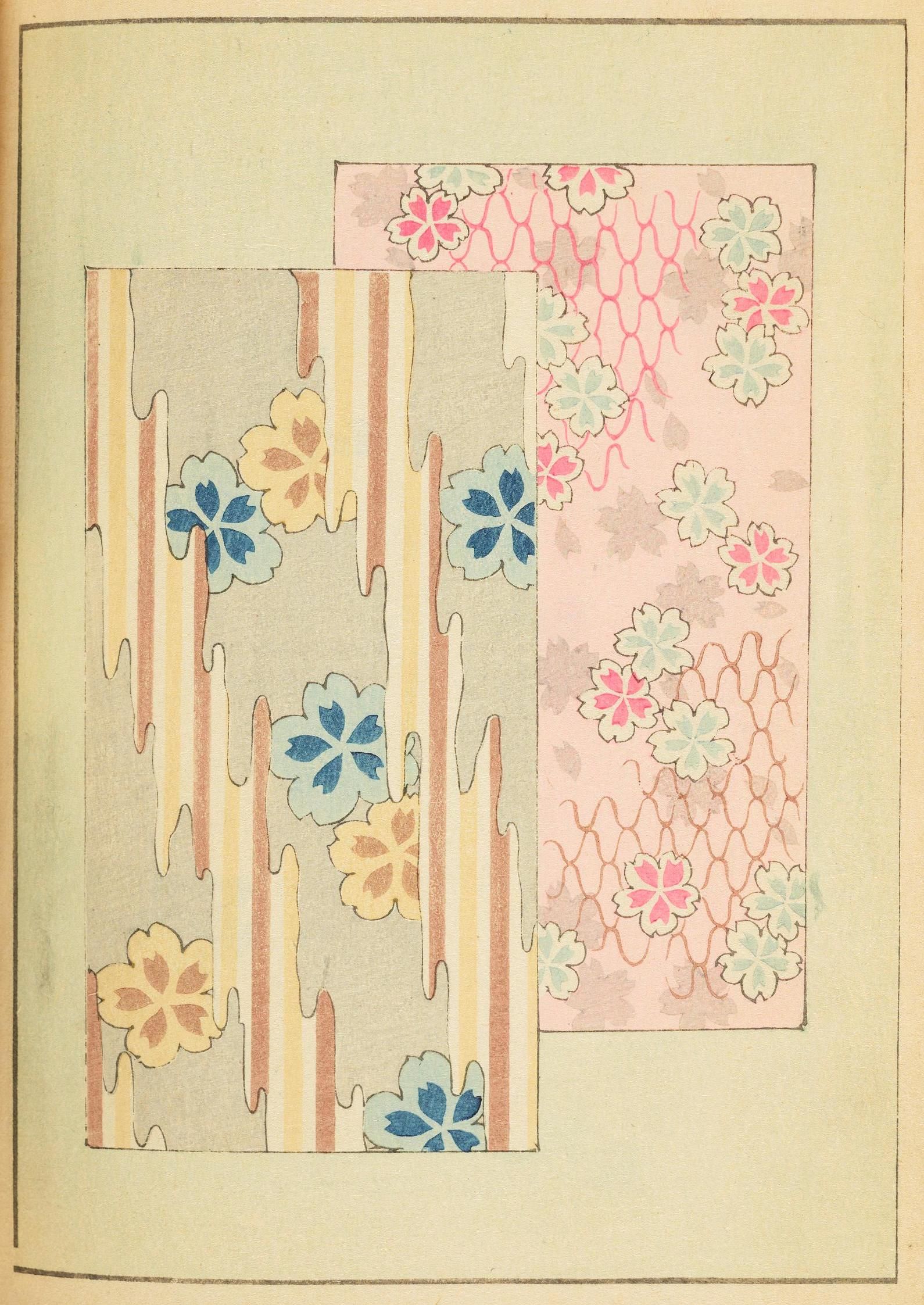 A vintage page with two patterned rectangles, one with bamboo and floral motifs, the other with a dense floral lattice.
