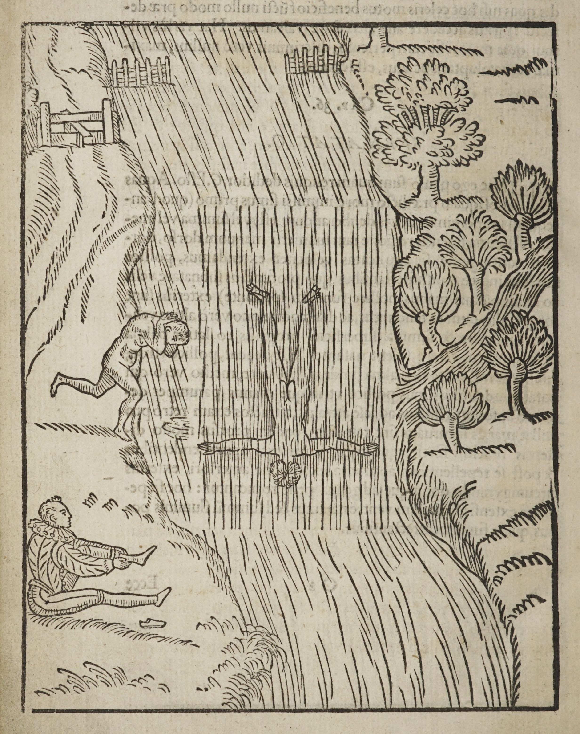 A woodcut illustration depicting a dramatic scene with figures in distress and a hanging figure against a walled structure.