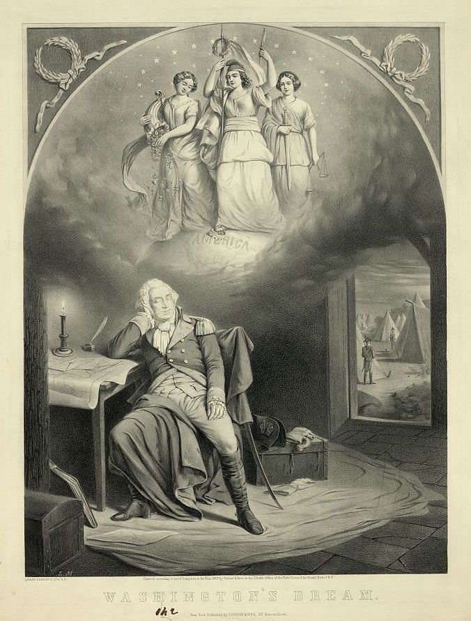 A black and white engraving titled "Washington's Dream" depicting George Washington asleep at a desk, dreaming of a vision of America above him.