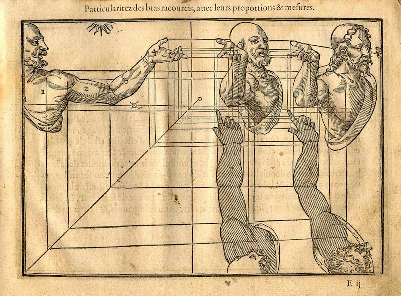 A black and white woodcut illustration of two muscular men with outstretched arms, positioned on either side of a large grid. The grid is composed of intersecting lines and is likely used for anatomical or artistic analysis.