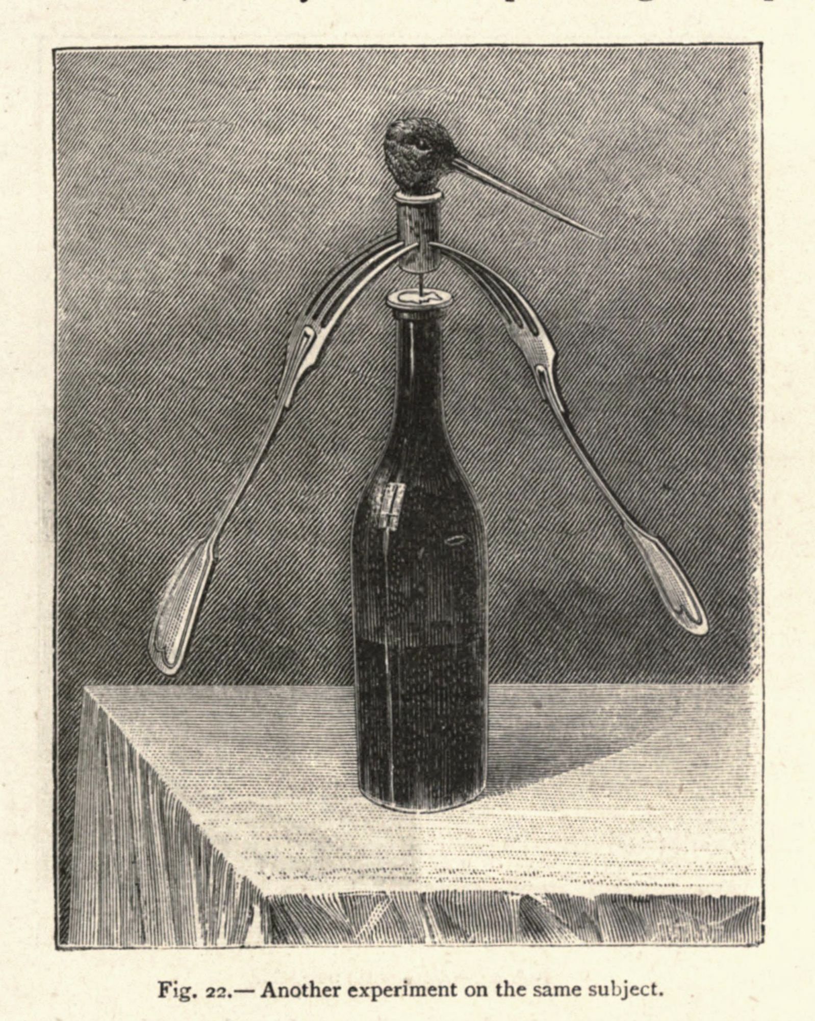 A vintage illustration of a bottle with a specialized tool gripping the cork, resting on a textured surface.