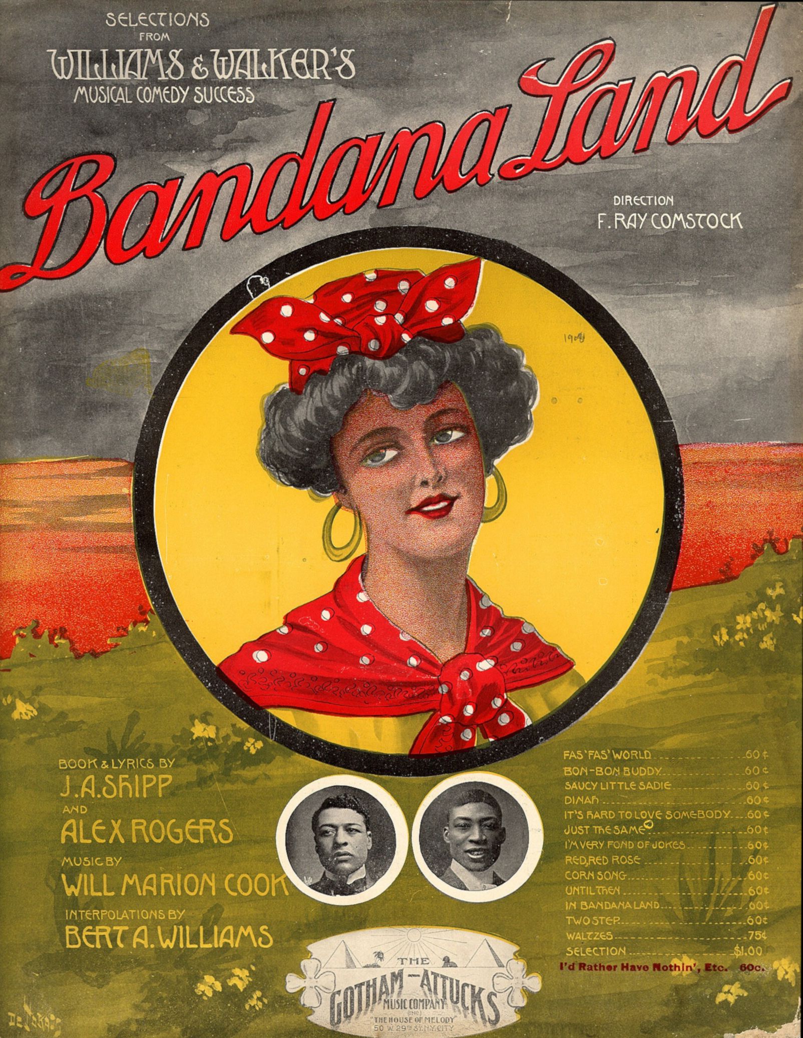 Vintage sheet music cover for "Bandana Land" featuring a portrait of a woman in a red bandana and two smaller portraits of men.