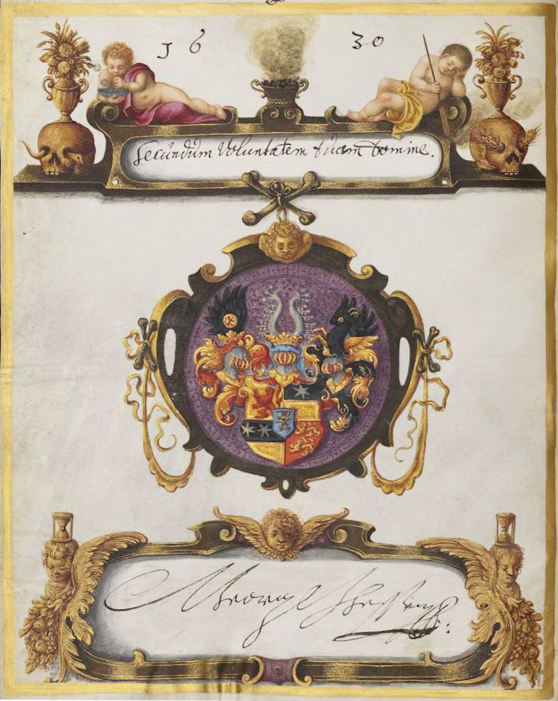 A detailed illustration of a coat of arms with cherubic angels, ornate vases, and a flowing signature.