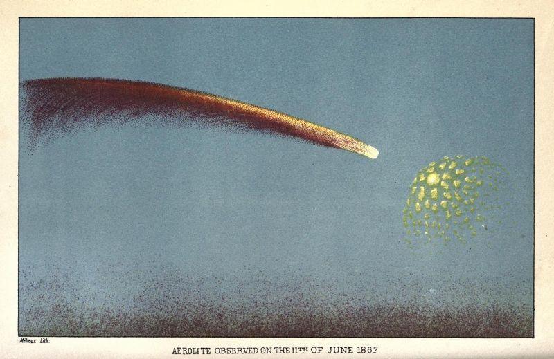 Vintage lithograph of a meteor streaking across the sky, labeled 'Aerolite observed on the 11th of June 1867'.