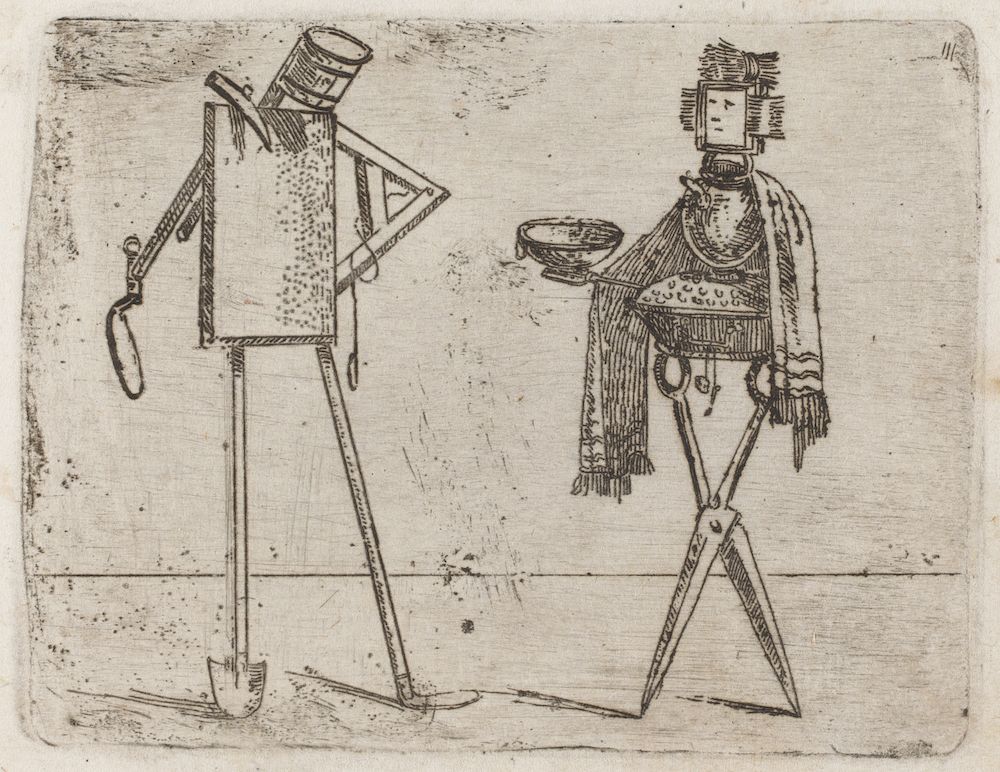 A black and white etching of two mechanical figures, one holding a telescope-like instrument and the other holding a dish.