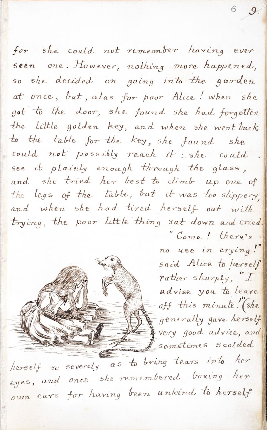 A page from a vintage children's book with an illustration of a girl falling from a table and handwritten text describing the scene.