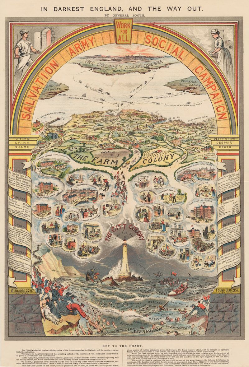 A detailed, colorful poster titled "In Darkest England, and the Way Out" by General Booth. It's a complex chart illustrating a social campaign by the Salvation Army.