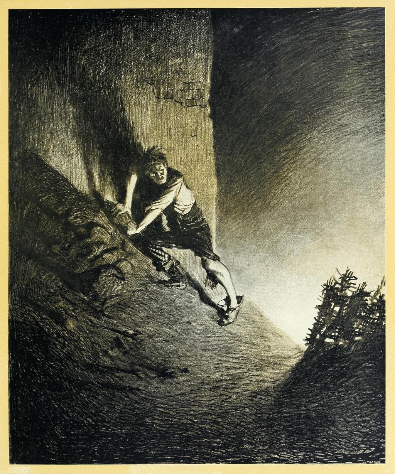 A dramatic illustration of a person clinging to a cliff face, rendered in a high-contrast, detailed style.