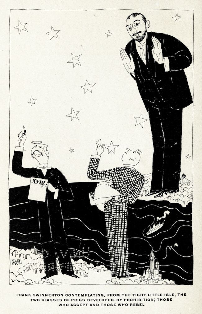 A black and white cartoon illustration depicting a tall man in a suit towering over two smaller figures, one in a sailor's uniform with a halo and the other in a checkered suit, set against a backdrop of stars and miniature buildings.