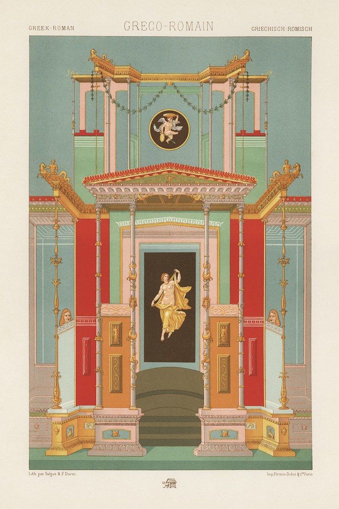 A vintage lithograph depicting an interior architectural design in the Greco-Roman style. The image is symmetrical and showcases a grand doorway or niche within a room.