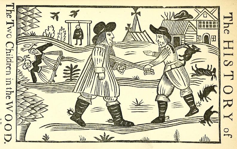 A black and white woodcut illustration of two children shaking hands in a landscape with a house, windmill, and birds.