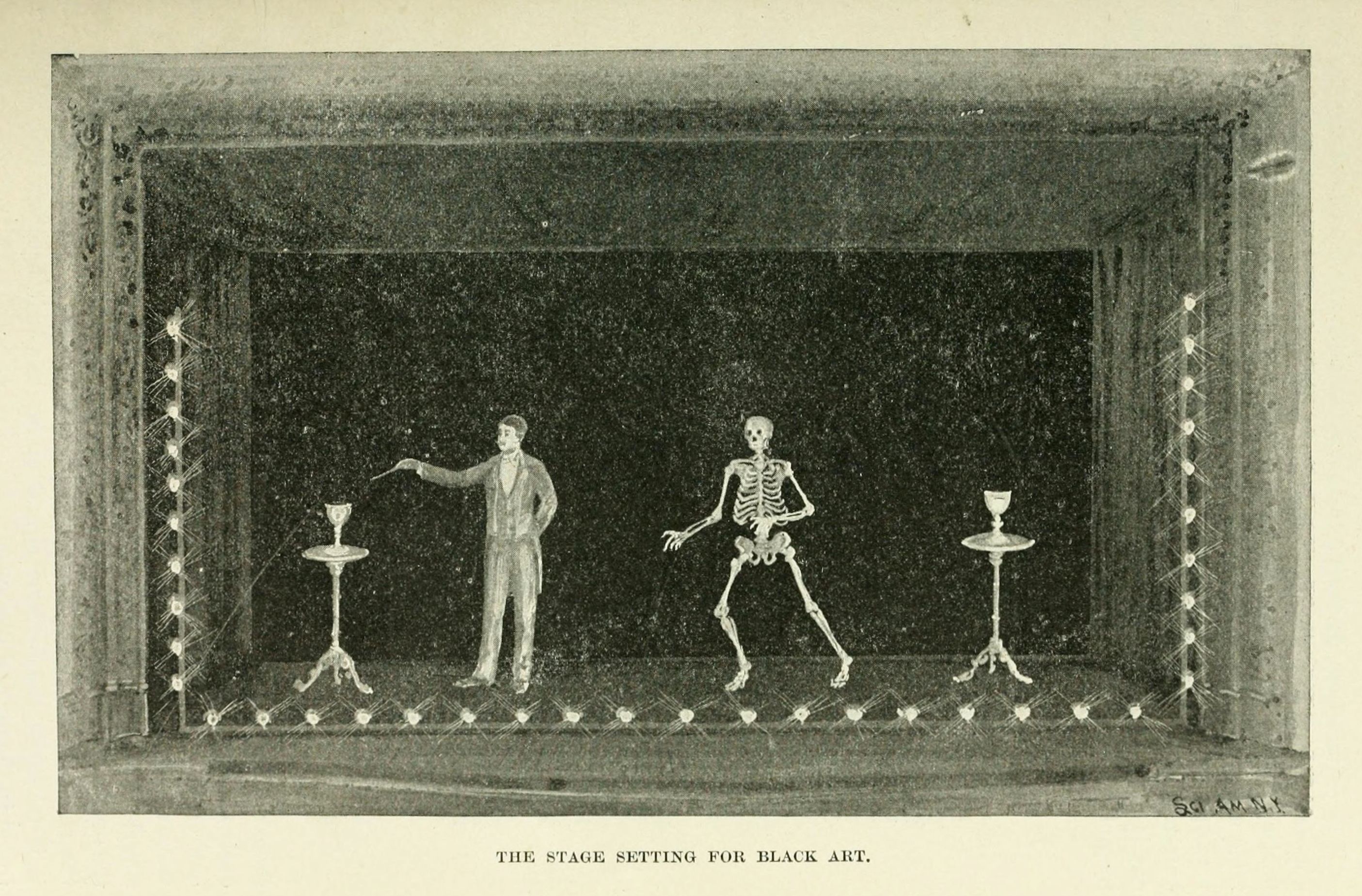 Vintage illustration of a stage setting for 'Black Art', featuring a skeleton, a man in a suit, and illuminated by small lights.