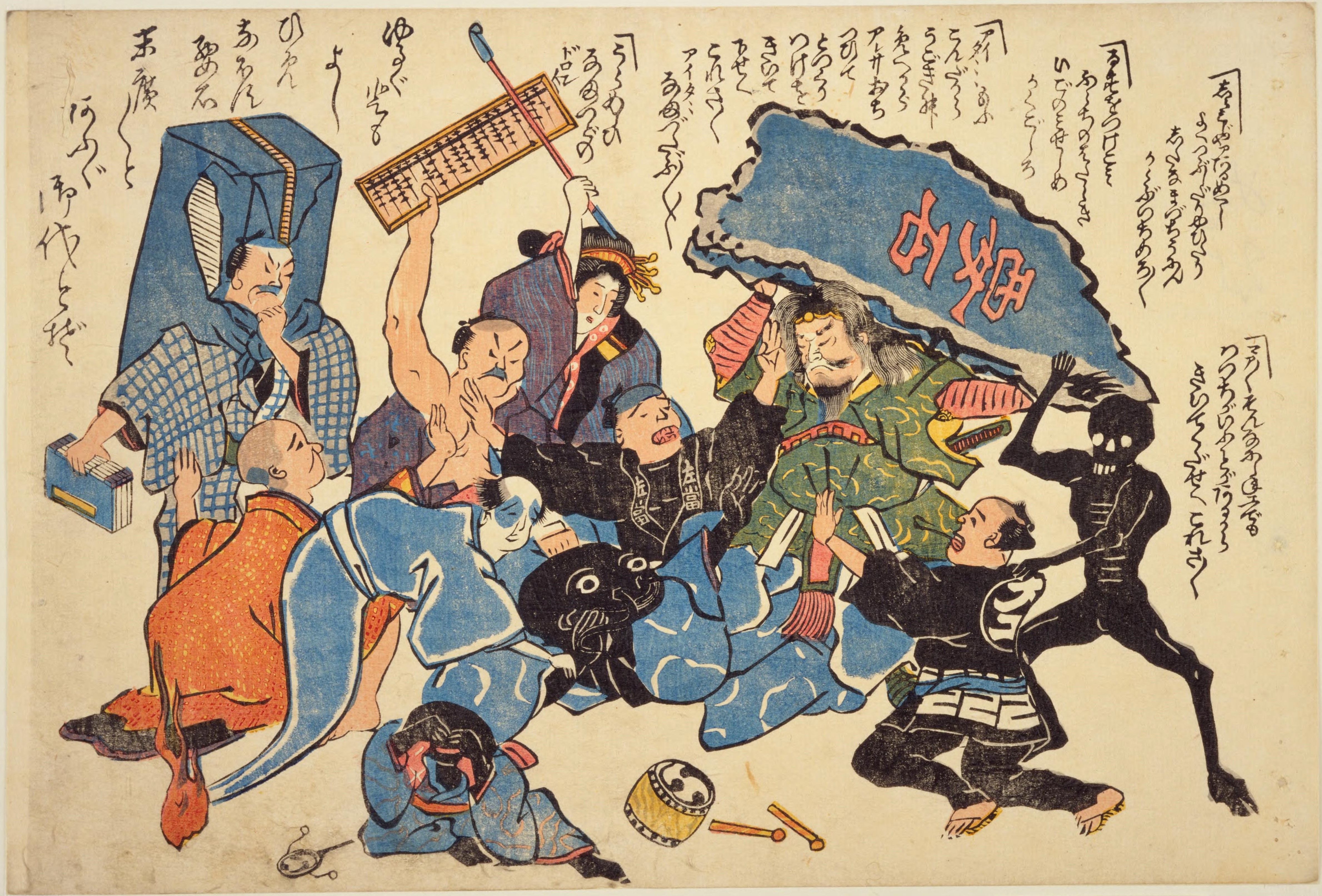 A vibrant, colorful woodblock print in the style of *ukiyo-e*. The scene depicts a chaotic and dramatic moment, likely from a historical or theatrical event.