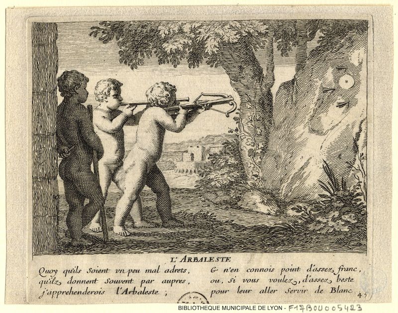 Vintage engraving of cherubs with a cross-bow in a landscape.