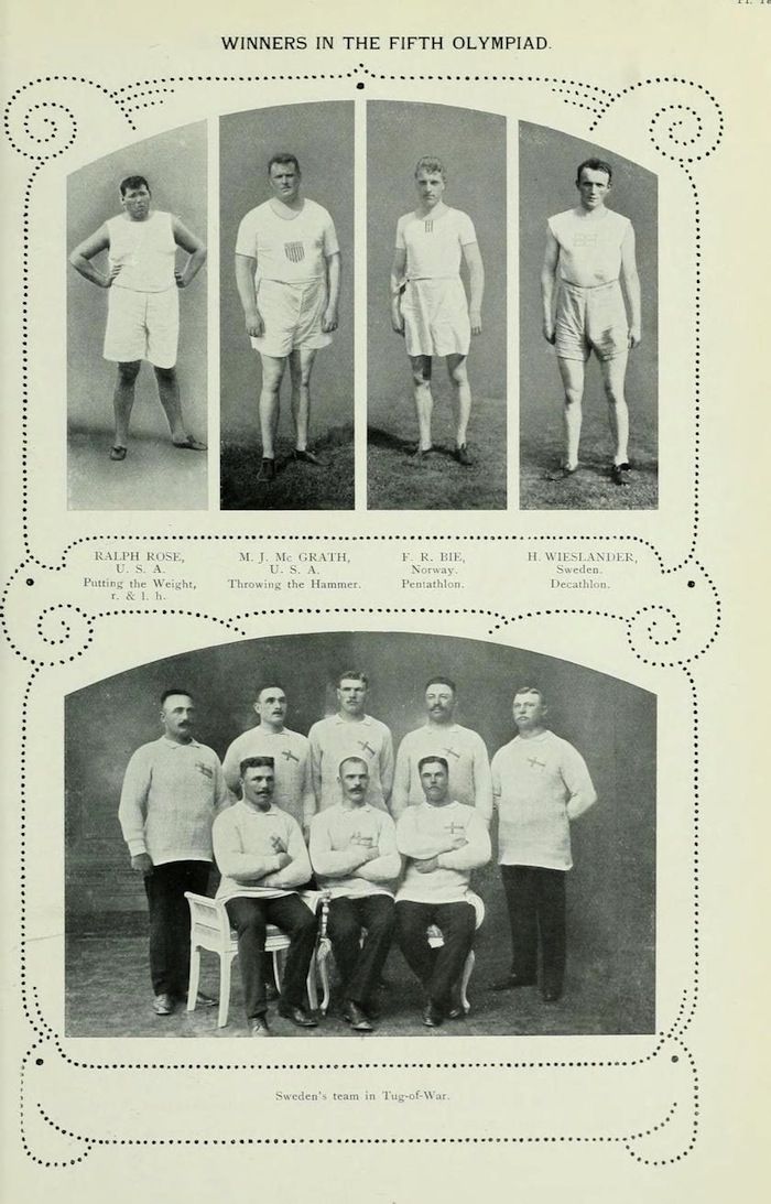 Vintage black and white photograph of Olympic winners from the 1912 games, featuring individual portraits of athletes and a team photo of the Swedish Tug-of-War team.