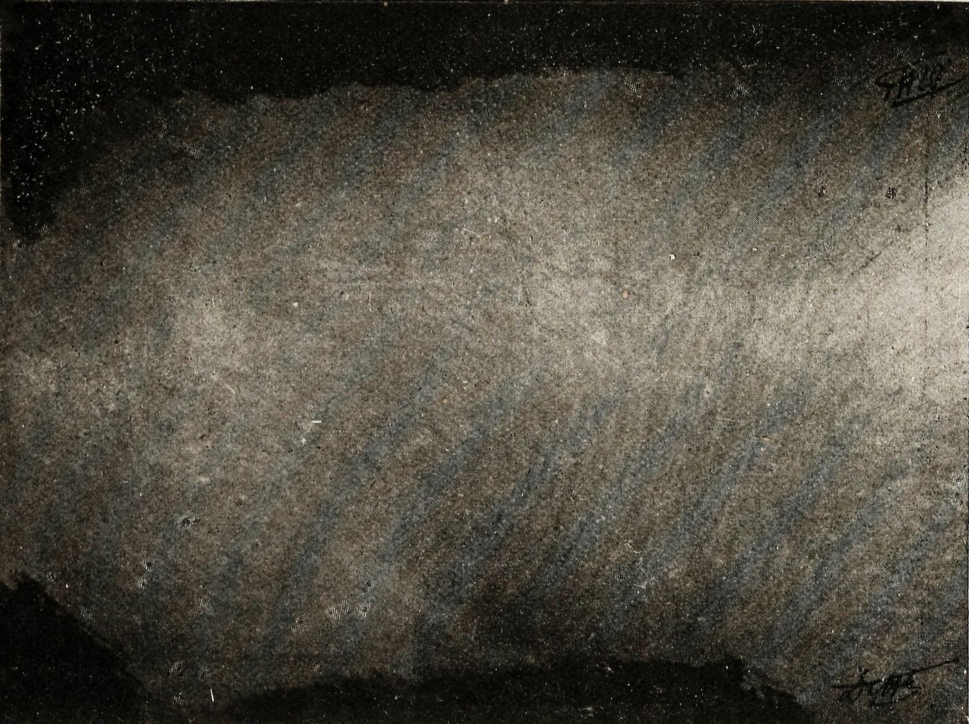 A dark, grainy texture resembling an old photograph or weathered surface.