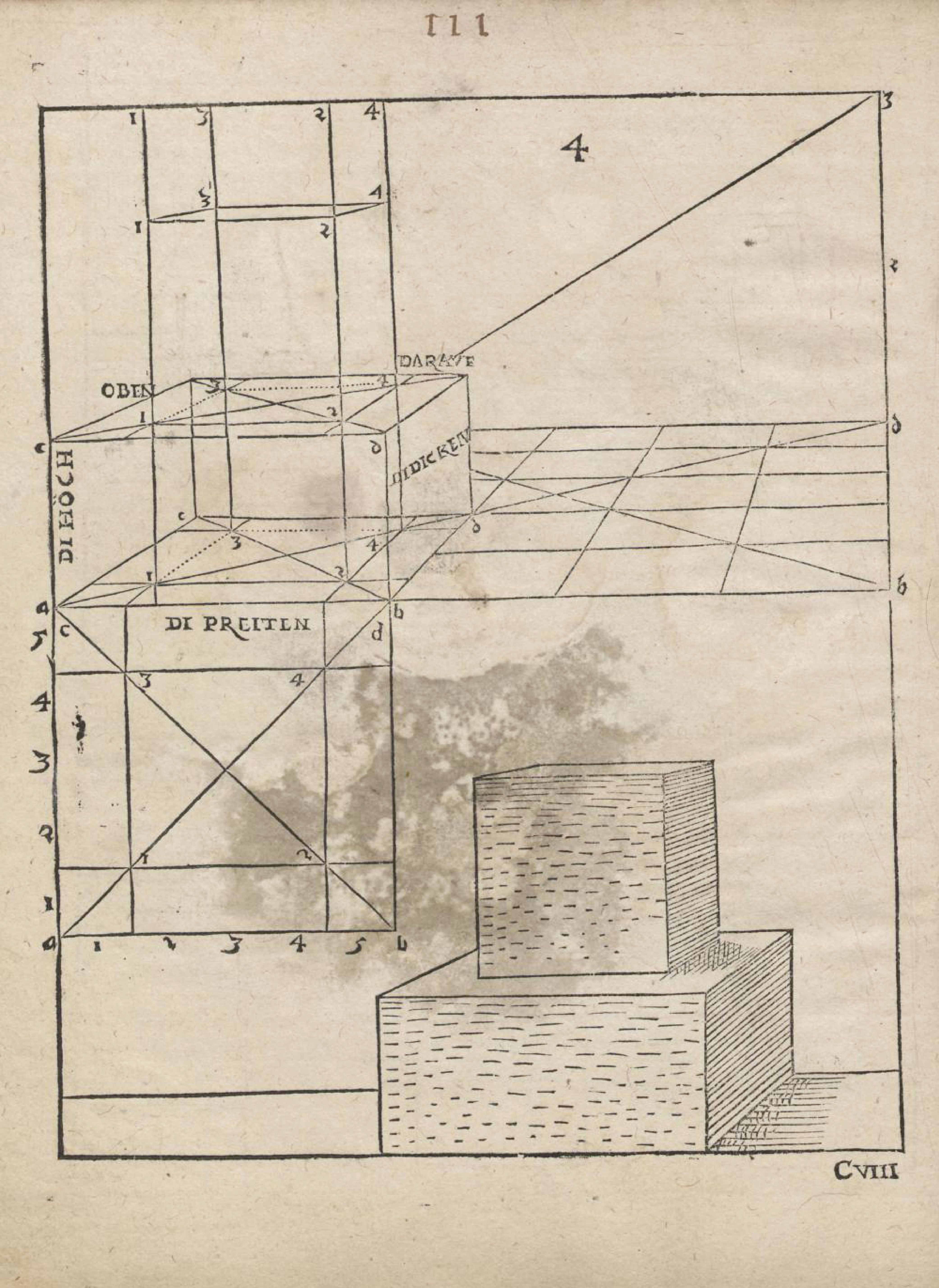 A page from a technical or architectural book with a complex diagram of geometric shapes and a shaded depiction of a brick building.