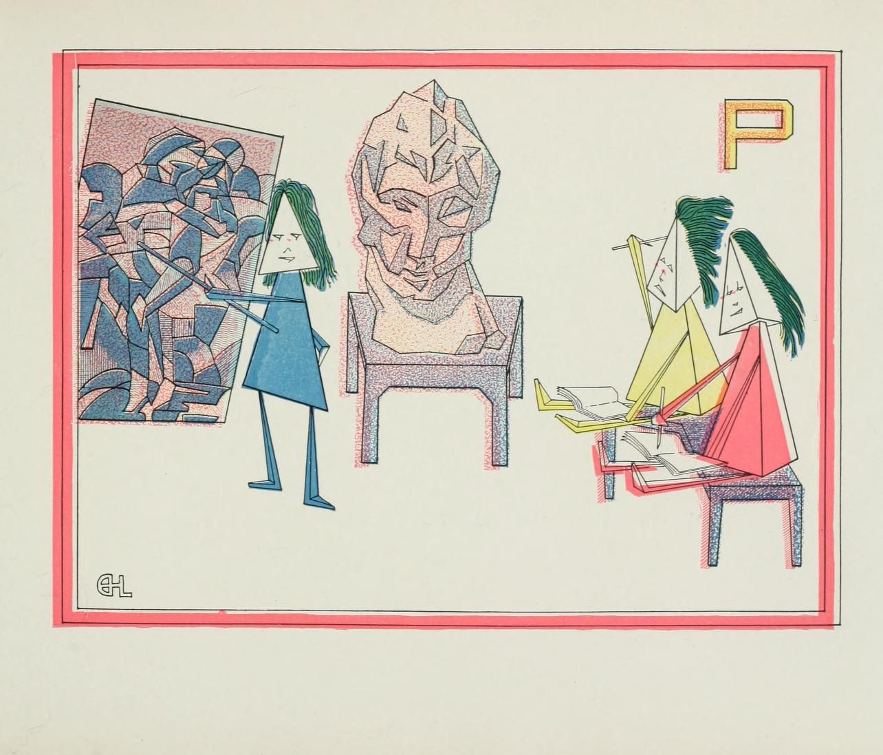A whimsical illustration featuring four figures and objects arranged in a surreal composition. The style is characterized by bold lines, simplified shapes, and a playful use of color.