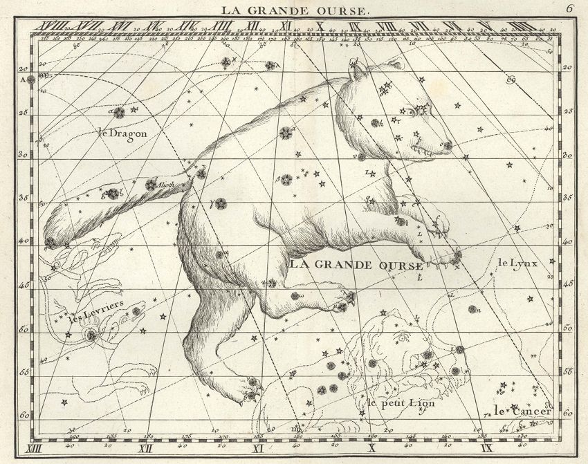 A vintage astronomical chart depicting the constellation Ursa Major, also known as the Great Bear, with a detailed illustration of a bear and numerous stars connected by lines.