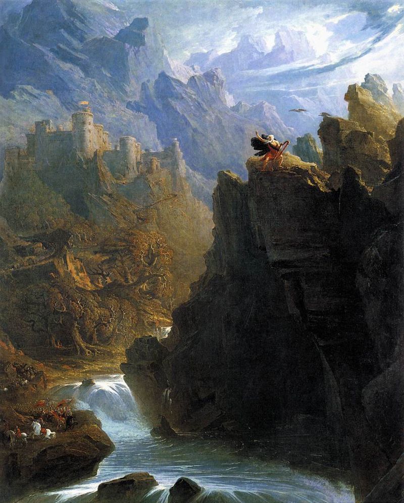 A dramatic landscape painting depicting a towering mountain range, a deep gorge, a river, a waterfall, a castle, and a lone figure standing on a cliff.
