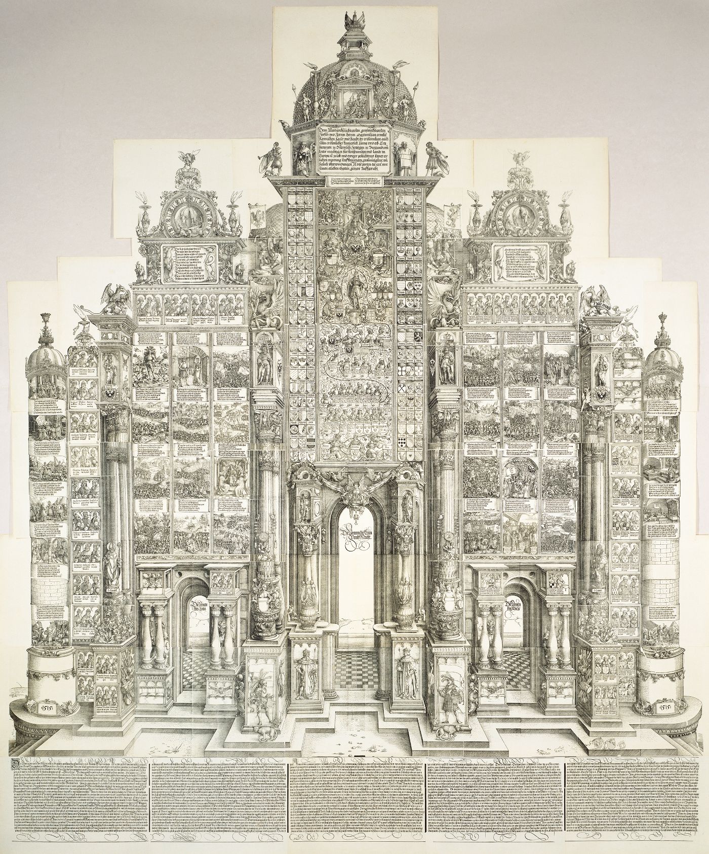 A highly detailed, black and white engraving of a monumental triumphal arch covered in intricate carvings, sculptures, and text.