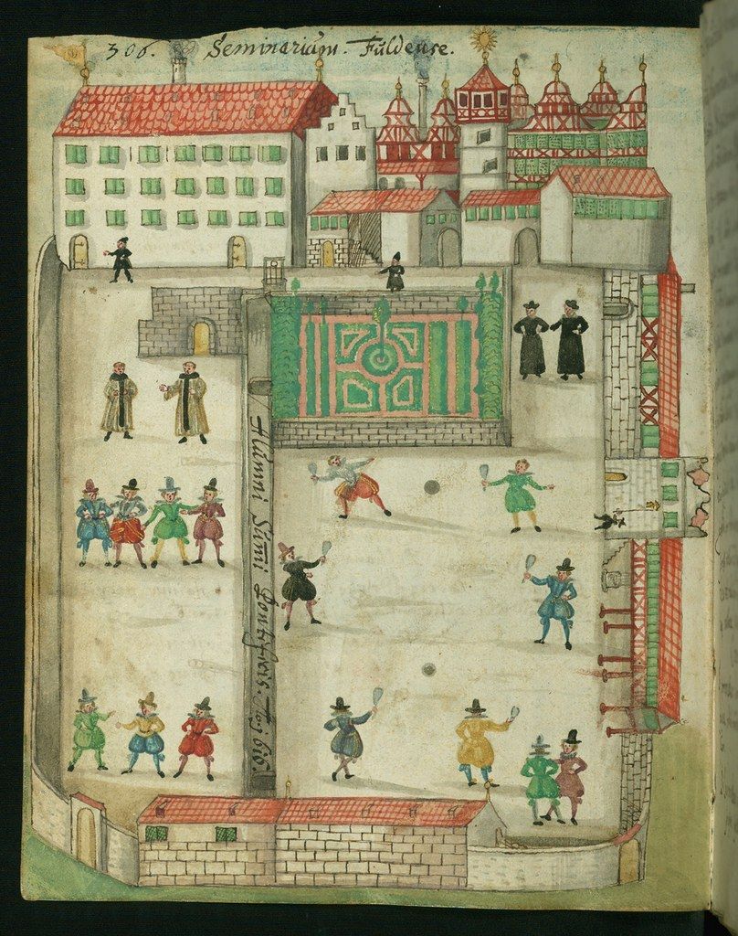 A vintage illustration depicting a lively scene in a historical town, with people playing a game resembling early football or soccer within a walled enclosure.