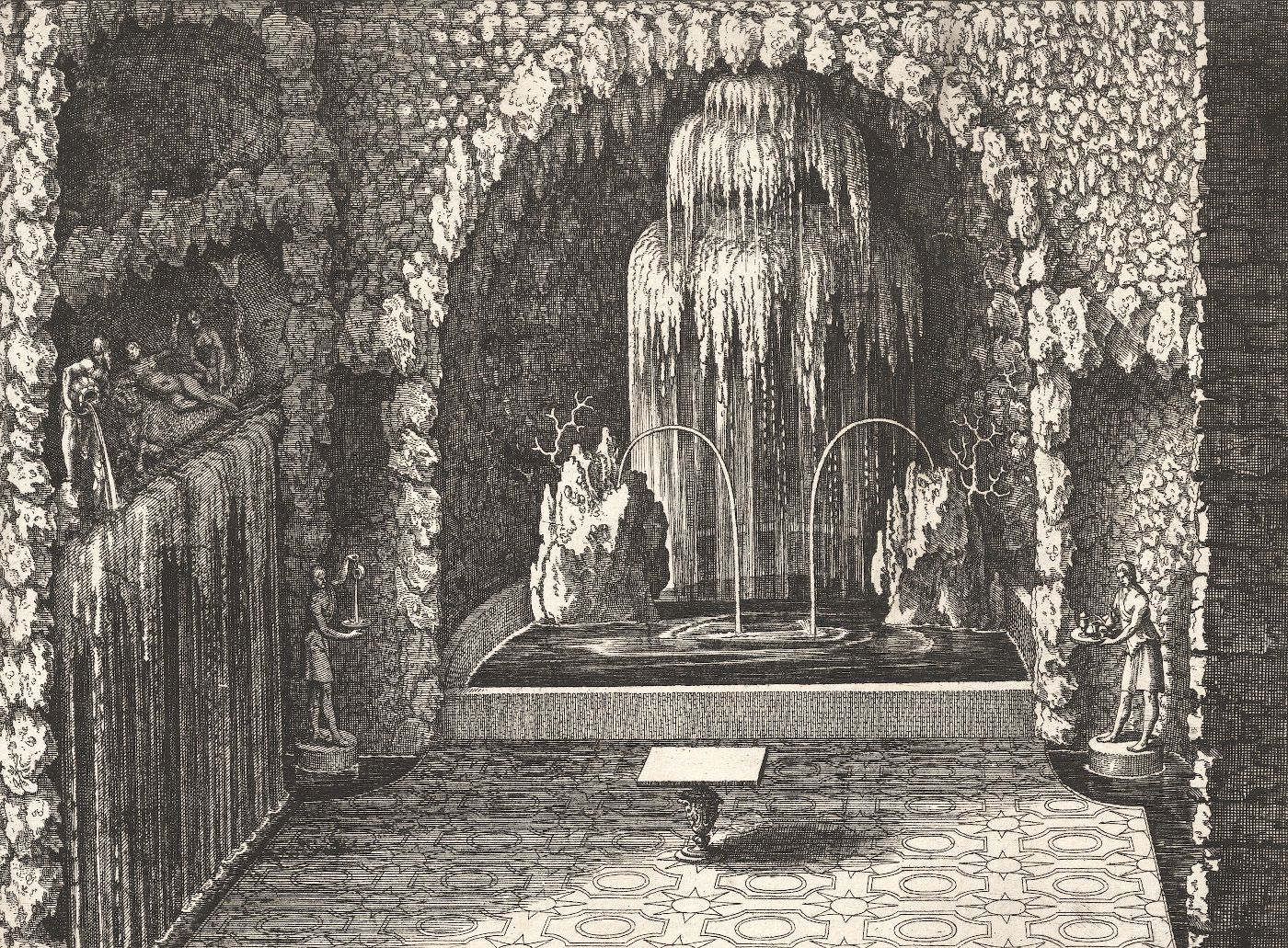 A black and white engraving of a grotto with a tiered fountain and statues.