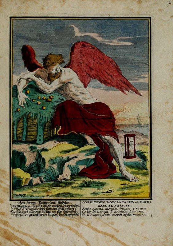 A hand-colored engraving depicting an angel with an hourglass interacting with a young man in a garden setting.