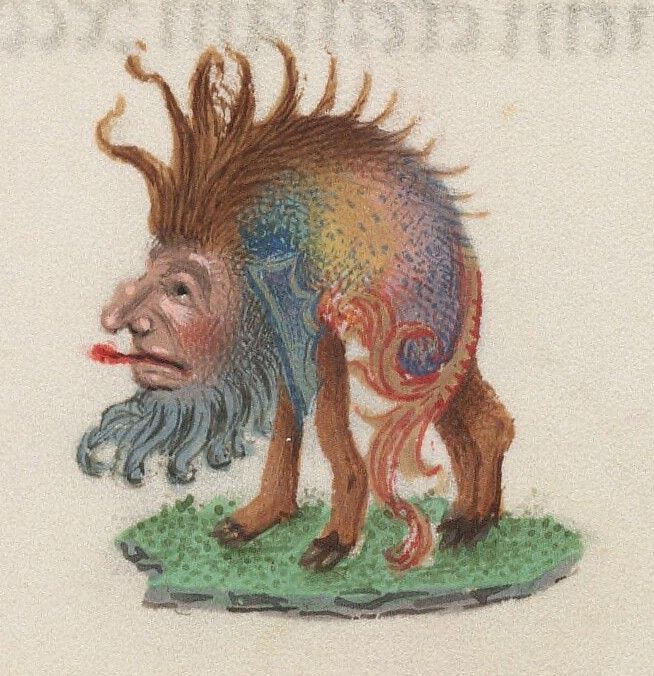 A fantastical creature with a human-like face and a lion's mane stands on a patch of green grass.