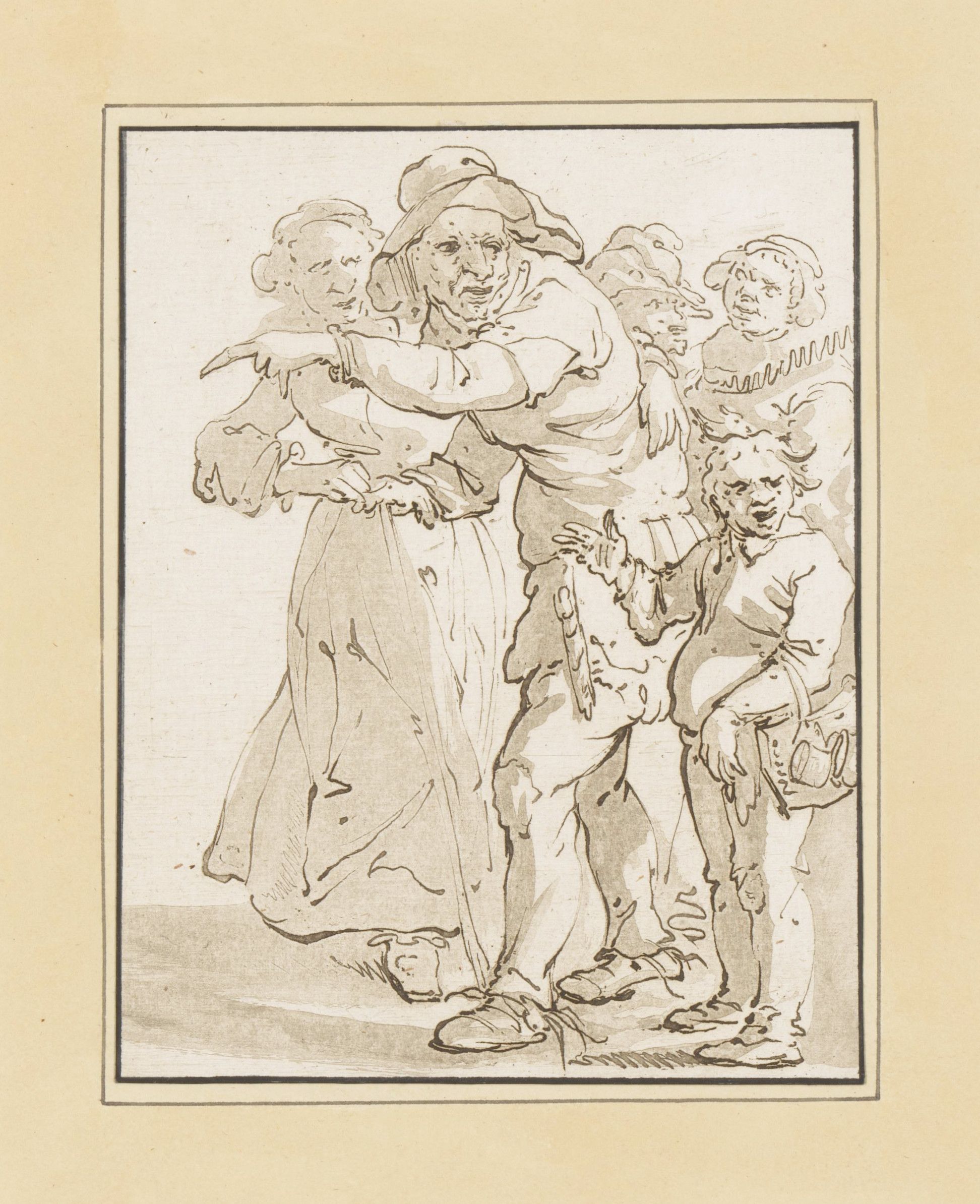 A sepia-toned sketch of a figure surrounded by smaller, winged figures.