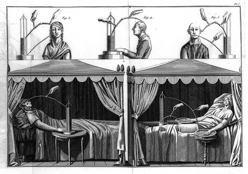 Vintage medical illustration of electrical treatments, showing patients in draped beds with devices near their heads.