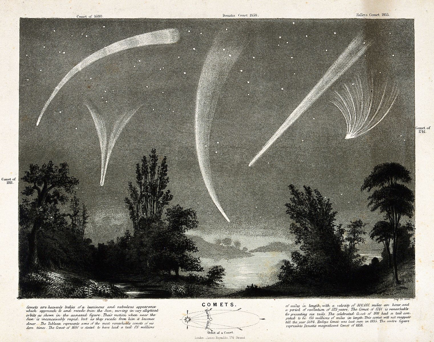 Vintage illustration of three comets against a night sky with silhouetted landscapes.
